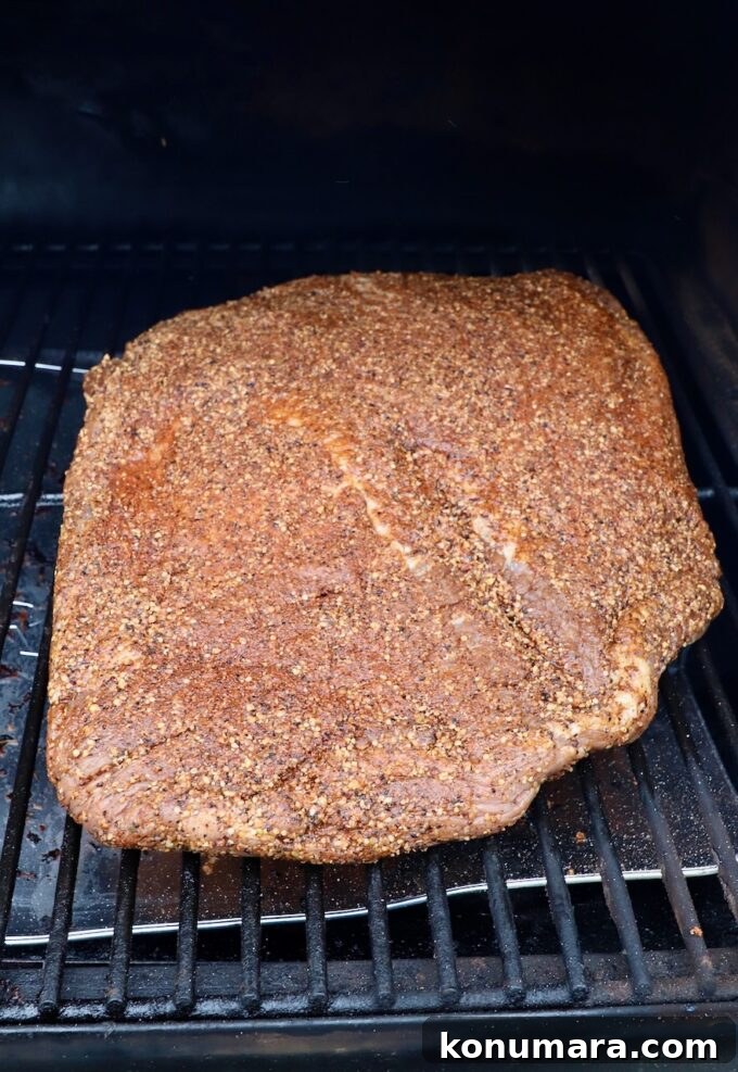 seasoned brisket on smoker