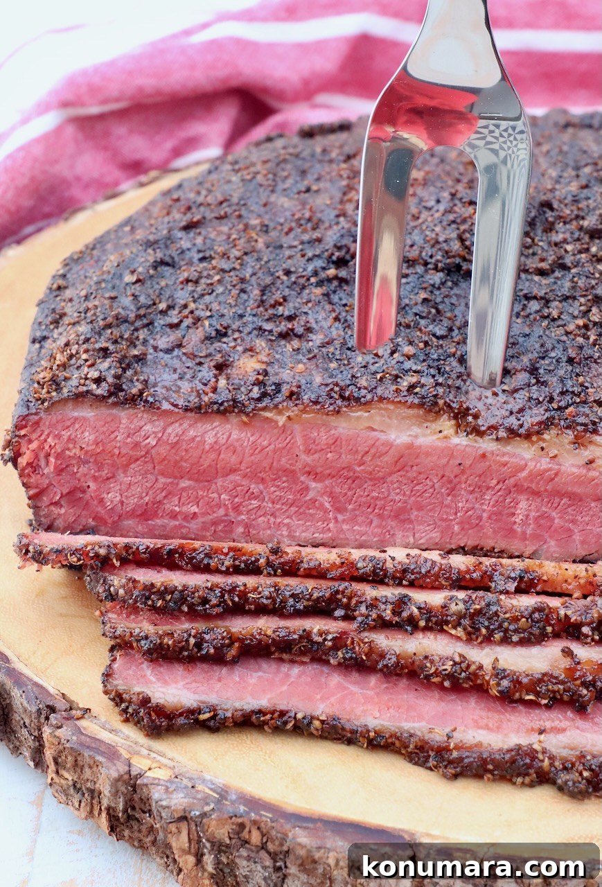 sliced pastrami on wood board with a meat fork stuck in the pastrami