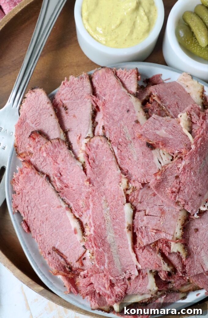 thinly sliced pastrami on plate