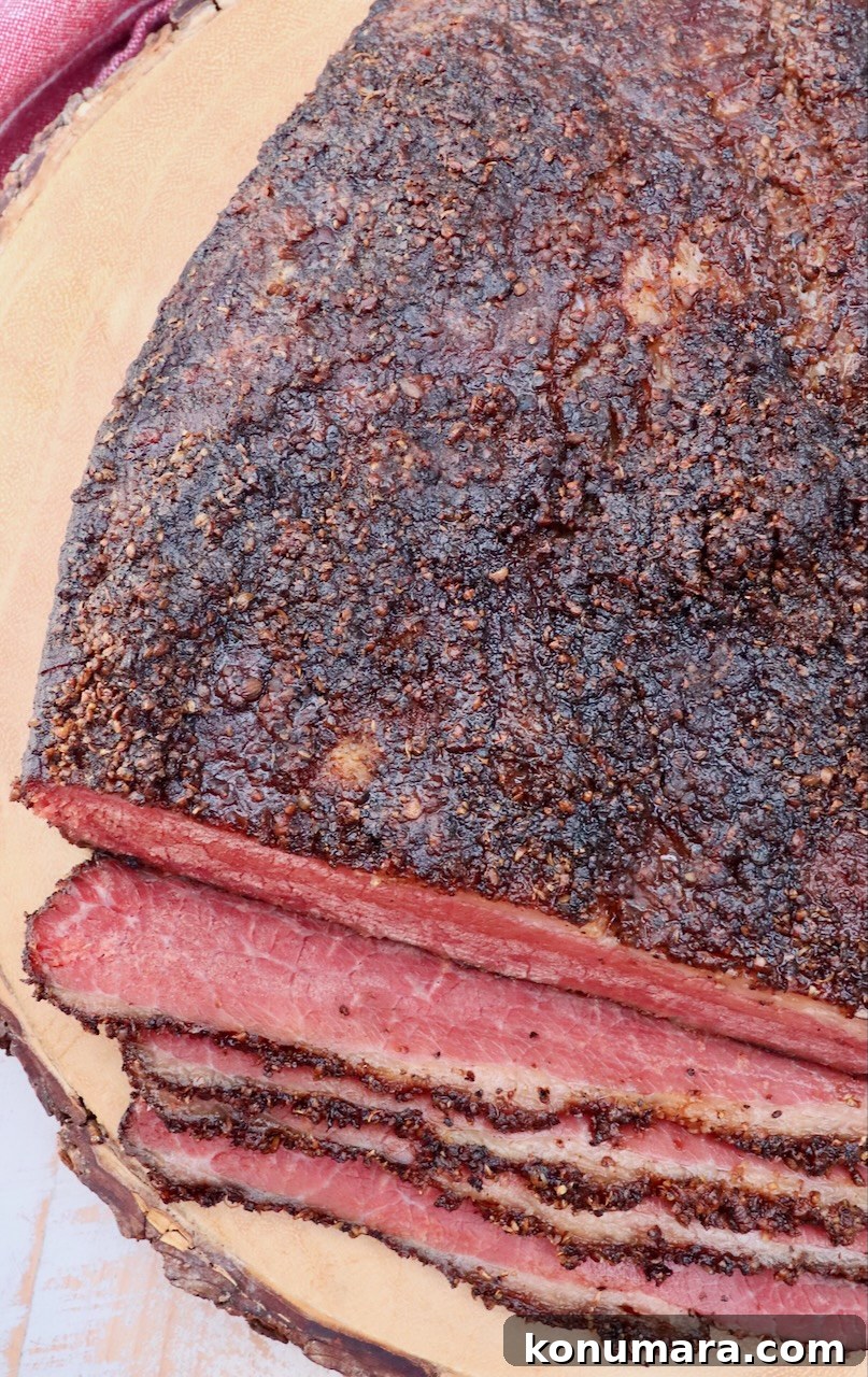 smoked pastrami on wood board