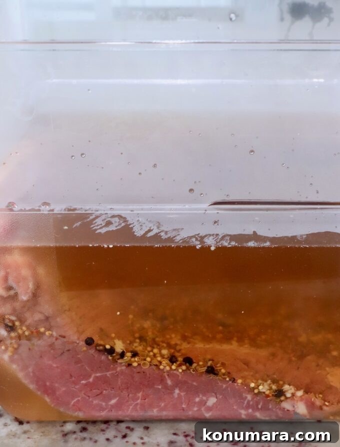 brisket in brine in plastic container