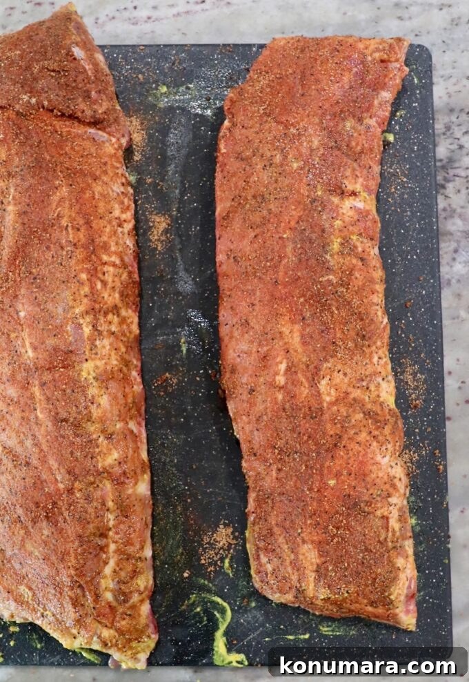 seasoned racks of baby back ribs on cutting board