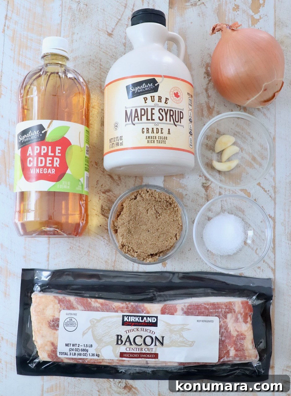 Ingredients for bacon jam on a white board - bacon jam ingredients