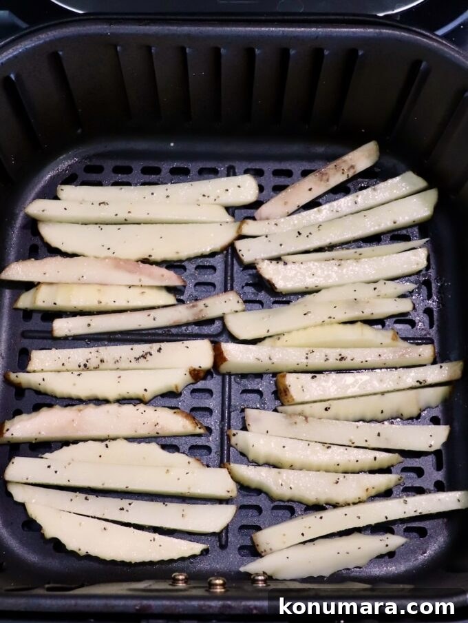 Crispy Truffle Fries with Garlic and Parmesan 6 seasoned sliced potatoes in air fryer basket