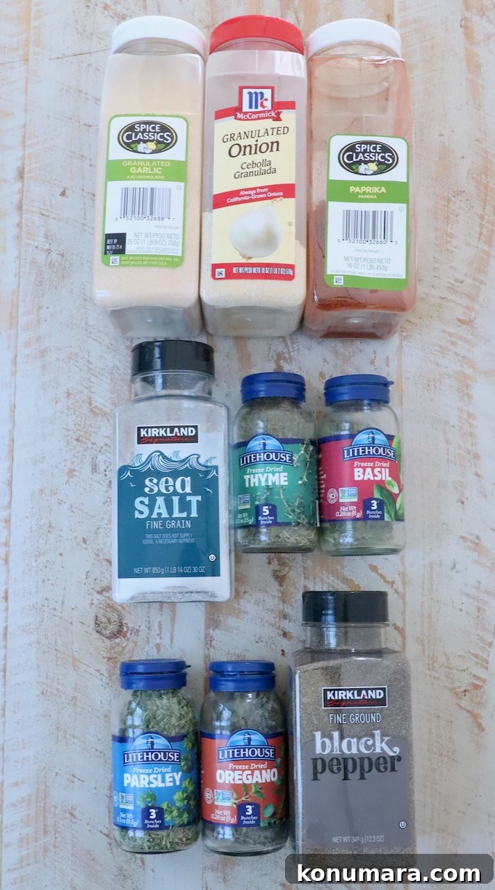 Vegetable Seasoning: Herb and Spice Blend for Roasting 3 Ingredients for vegetable seasoning on white wood board