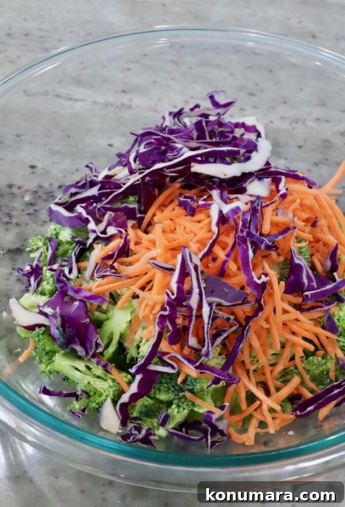 Crunchy Broccoli Slaw Recipe with Creamy Dressing 8 chopped broccoli, shredded carrots and shredded cabbage in bowl