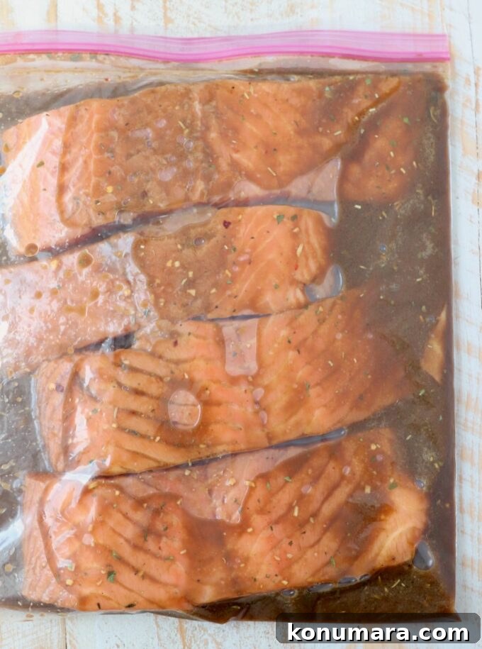 Garlic-Lemon Marinade for Salmon 4 pieces of salmon marinating in a zipper bag