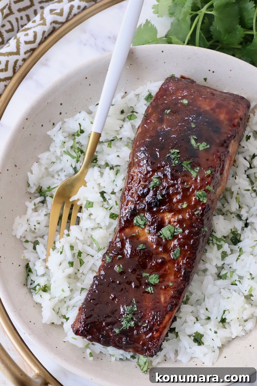 Garlic-Lemon Marinade for Salmon 8 glazed salmon on top of rice in bowl with fork