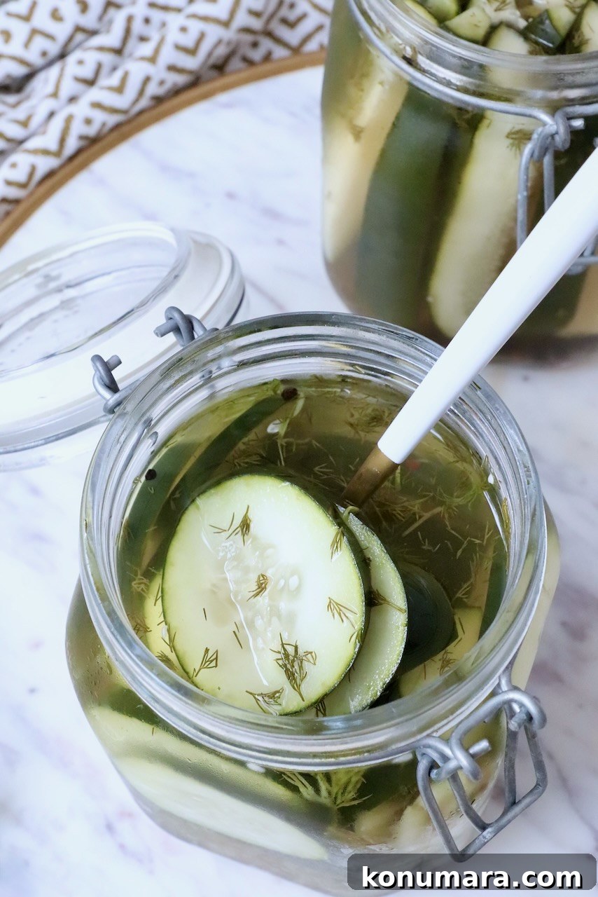 How to Make Homemade Pickles: Classic Refrigerator Recipe 8 pickles in jar with fork
