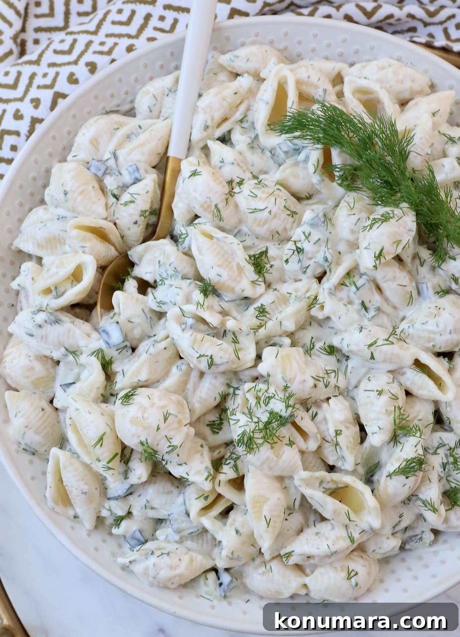 Creamy Tangy Pickle Pasta Salad 2 creamy pasta salad in bowl topped with fresh dill
