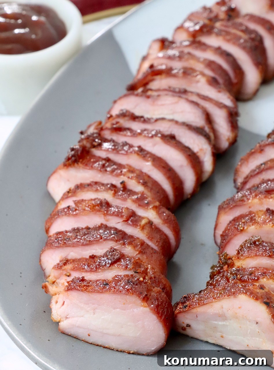 sliced smoked pork tenderloin on plate