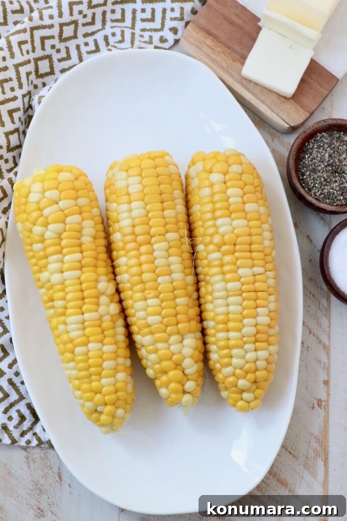 Boiled corn on the cobs on white plate