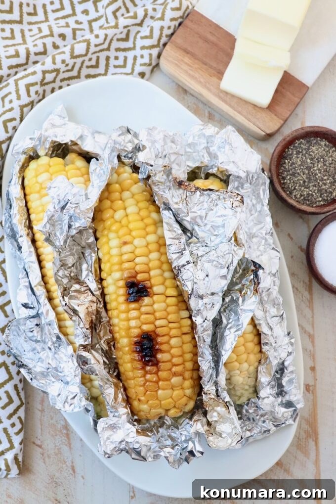 Grilled corn on the cob in foil on plate