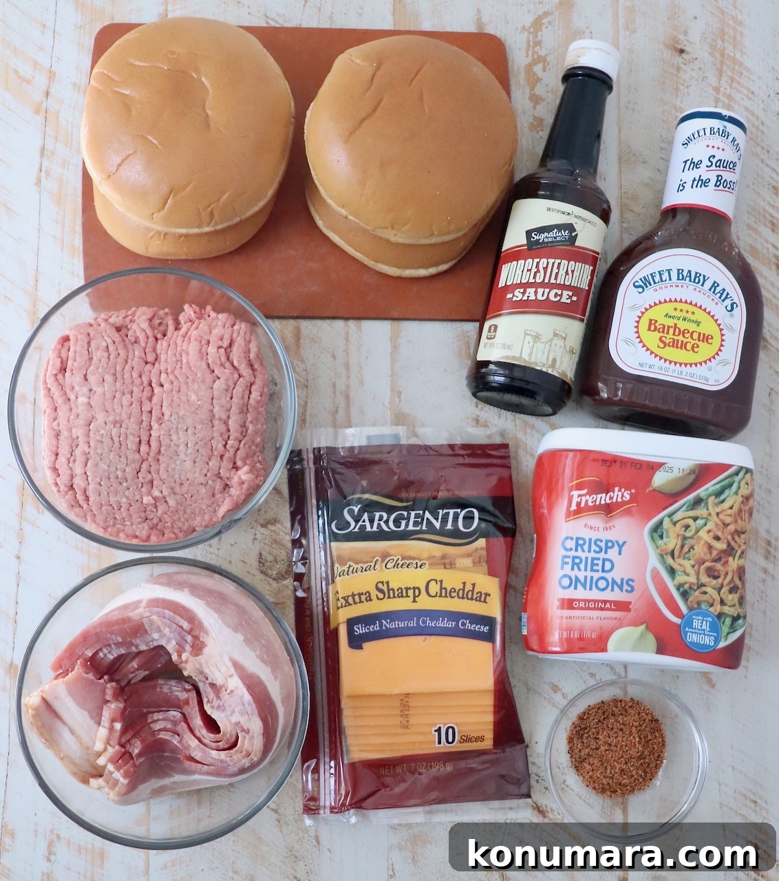 Smoky BBQ Bacon Burger Recipe 3 Ingredients for BBQ Bacon Burger laid out on a board