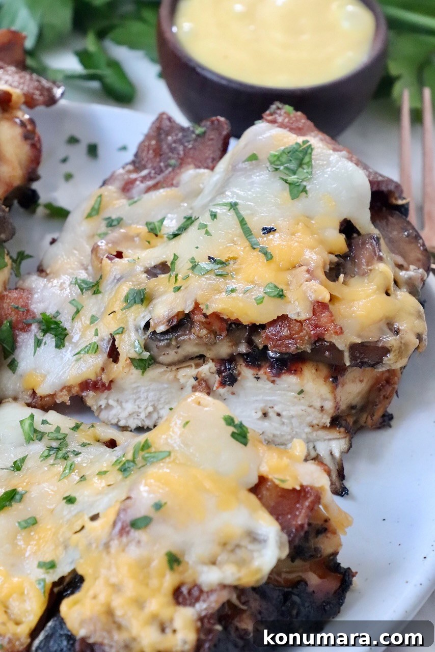 grilled chicken topped with bacon and cheese, sliced in half on a plate