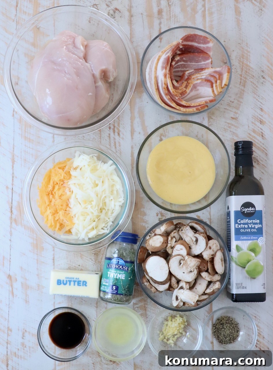 ingredients for alice springs chicken on white wood board