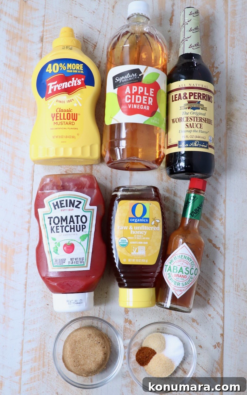 ingredients for Carolina gold bbq sauce on white wood board
