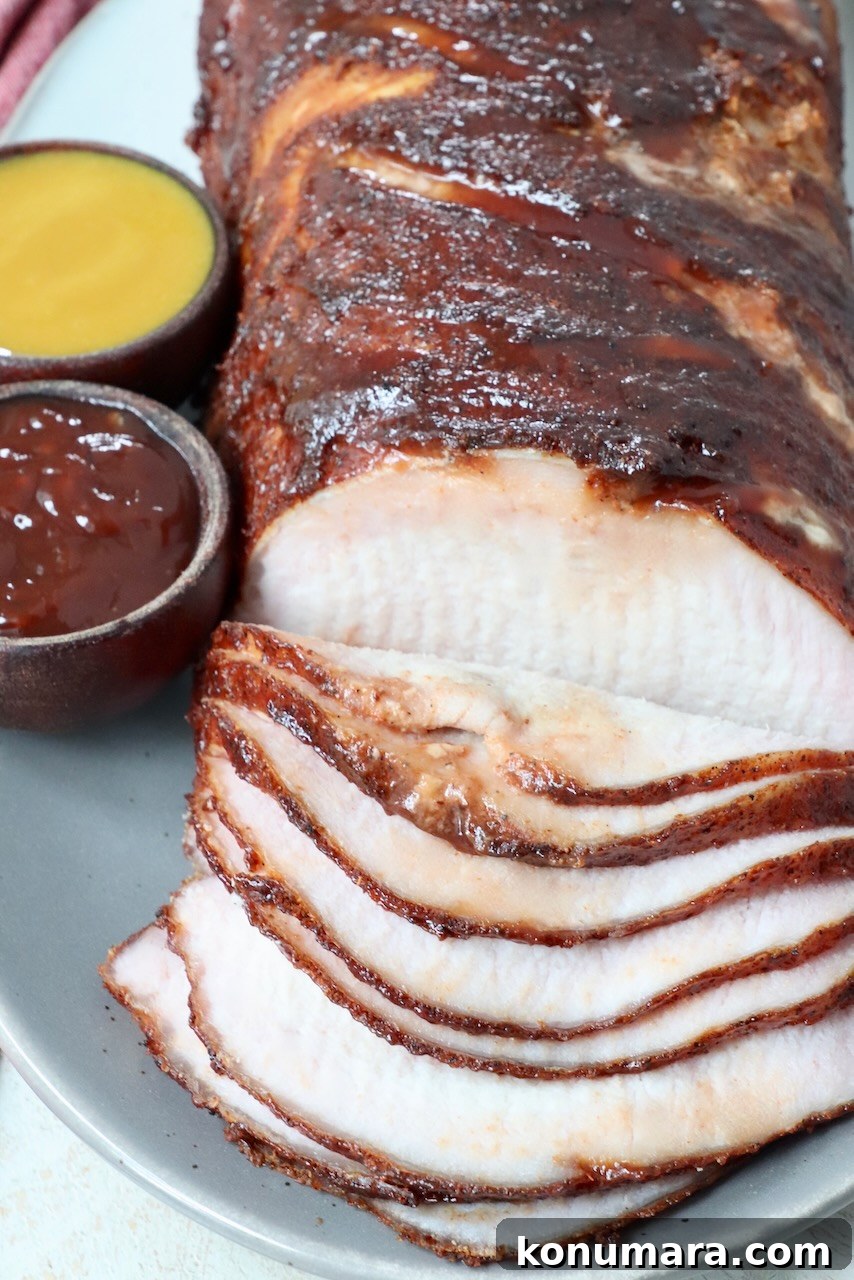 How to Smoke Pork Loin for Tender, Juicy Results 11 sliced smoked pork loin on serving platter