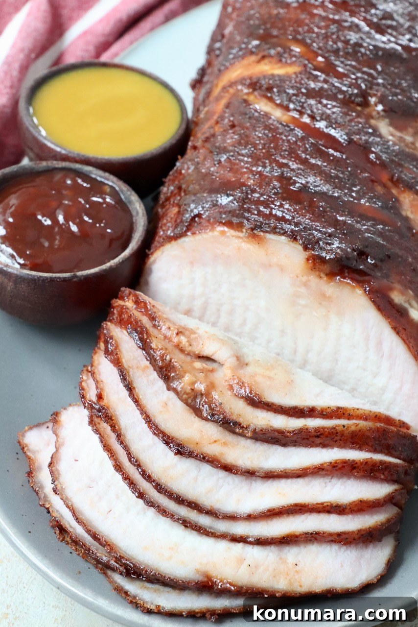 How to Smoke Pork Loin for Tender, Juicy Results 10 smoked sliced pork loin on plate with two small bowls of bbq sauce on the side