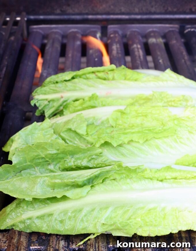 Grilled Caesar Salad with Charred Romaine and Garlic Croutons 13 romaine lettuce hearts on grill