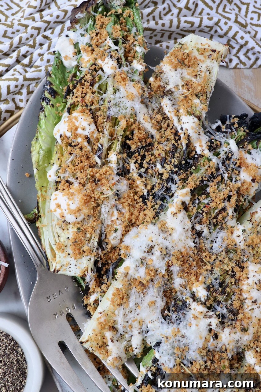 Grilled Caesar Salad with Charred Romaine and Garlic Croutons 16 grilled caesar salad on plate with serving fork