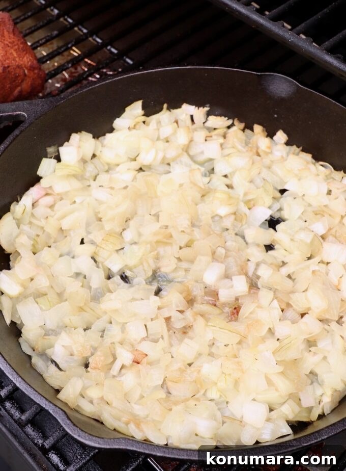 caramelized diced onions in a cast iron skillet on smoker