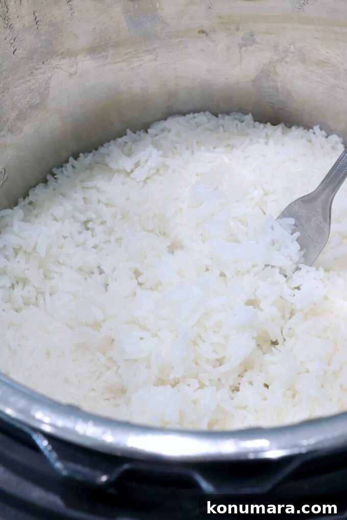 cooked white rice in instant pot with fork