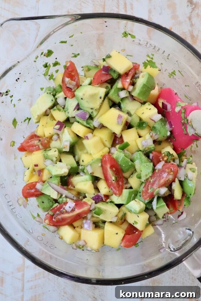 mango avocado salsa in glass bowl