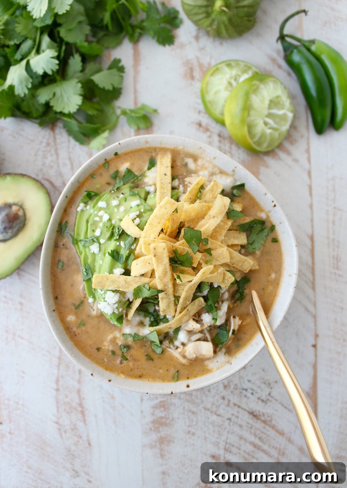 Creamy Green Chili Chicken Enchilada Soup Recipe 5 Overhead shot of Green Chili Chicken Enchilada Soup in a bowl with a gold spoon.