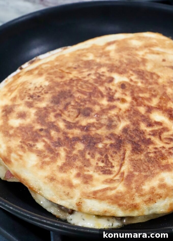 Steak Quesadillas Recipe with Melted Cheese and Salsa 9 browned quesadilla in skillet