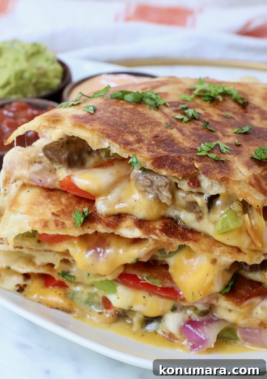 Steak Quesadillas Recipe with Melted Cheese and Salsa 10 steak quesadilla cut into triangles stacked up on a plate