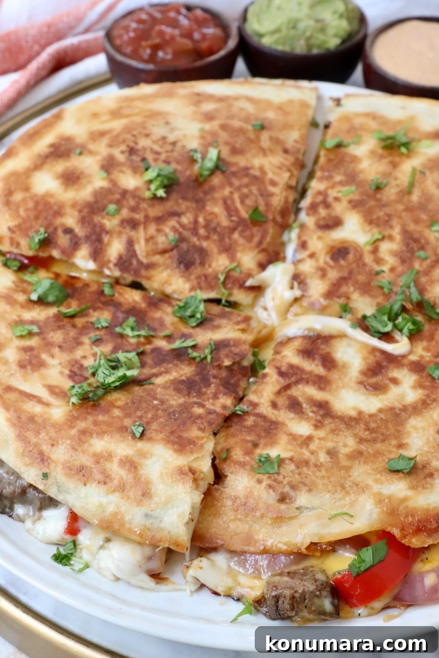 Steak Quesadillas Recipe with Melted Cheese and Salsa 11 steak quesadilla cut into quarters on a plate