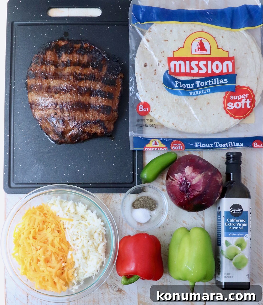 Steak Quesadillas Recipe with Melted Cheese and Salsa 3 ingredients for steak quesadilla on white wood board