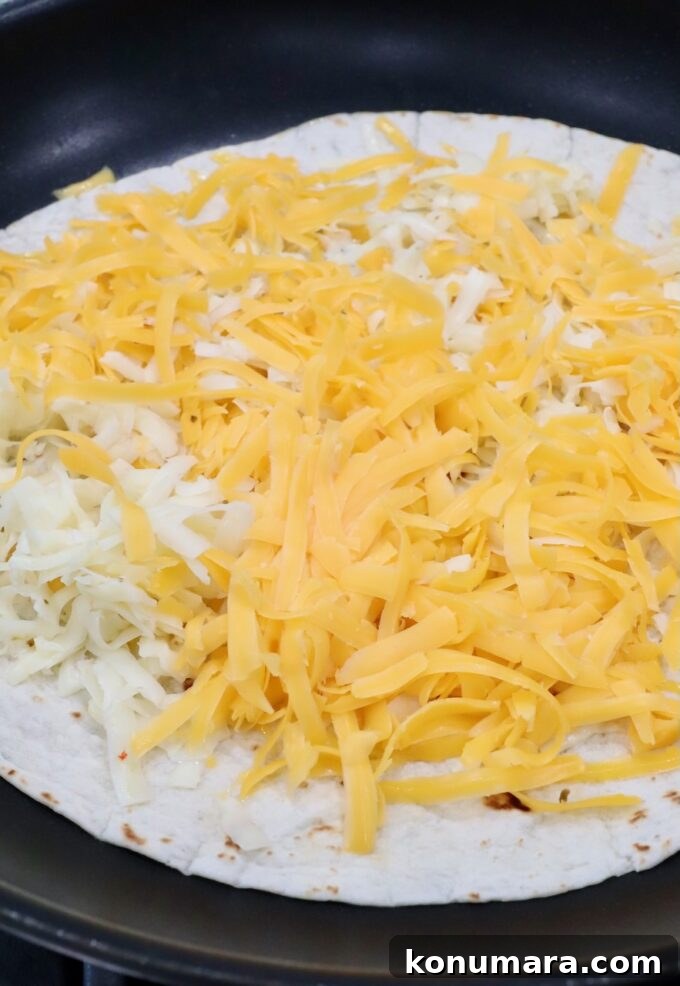 Steak Quesadillas Recipe with Melted Cheese and Salsa 6 shredded cheese on tortilla in skillet