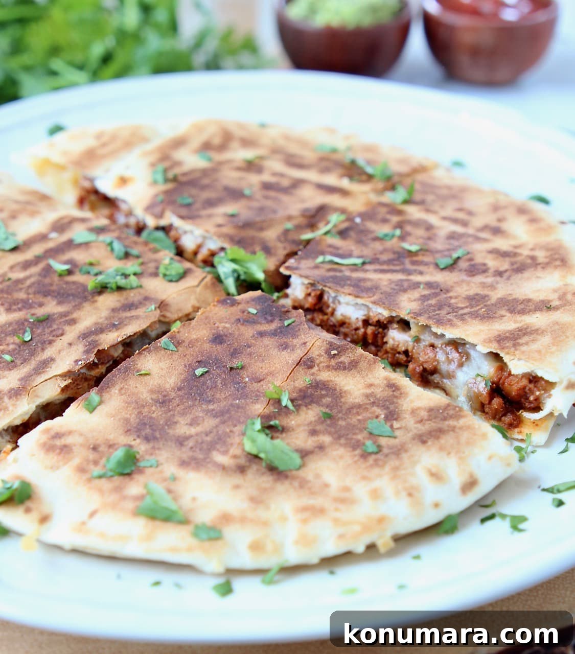 Soy Chorizo Quesadilla Recipe: Crispy Cheese Tortilla 5 Quesadilla cut into quarters on plate