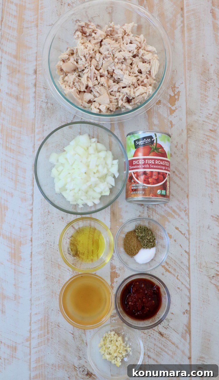 Smoky Chipotle Chicken Tinga Recipe 3 ingredients for chicken tinga on white wood board