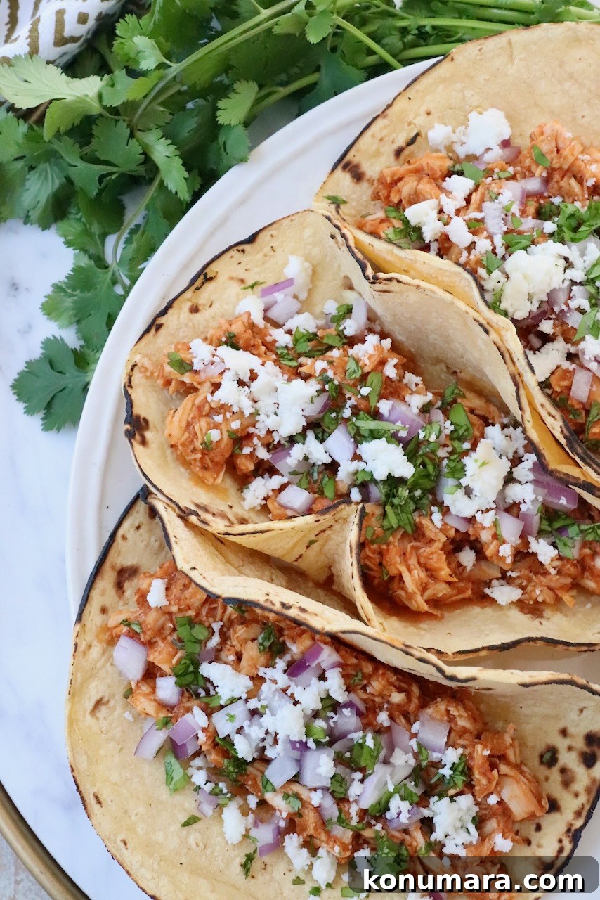 Smoky Chipotle Chicken Tinga Recipe 8 three tacos on plate filled with chicken tinga, cotija cheese, cilantro and onions