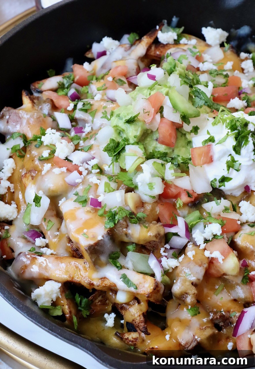 Carne Asada Fries Recipe: Crispy Fries with Grilled Steak 2 carne asada fries in cast iron skillet