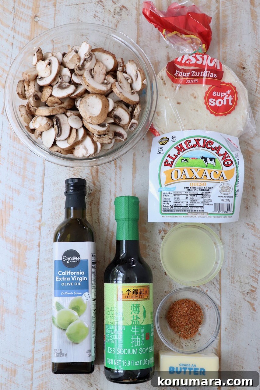 Flavorful Mushroom Tacos Recipe 3 Ingredients for mushroom tacos on a wood board