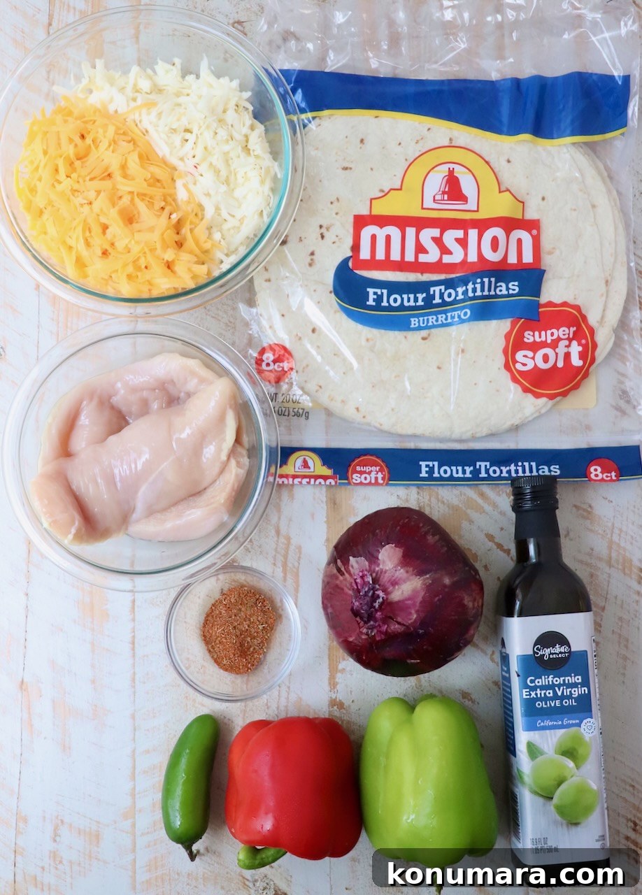 Crispy Chicken Quesadilla Recipe with Melty Cheese 3 ingredients for chicken quesadillas on white wood board