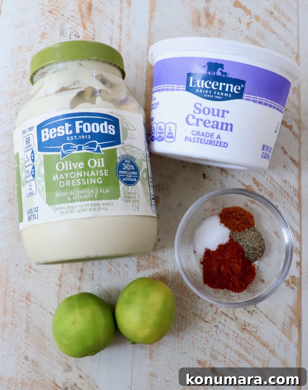Chili Lime Dressing Recipe for Salads, Marinades and Tacos 3 ingredients for chili lime dressing on white wood board