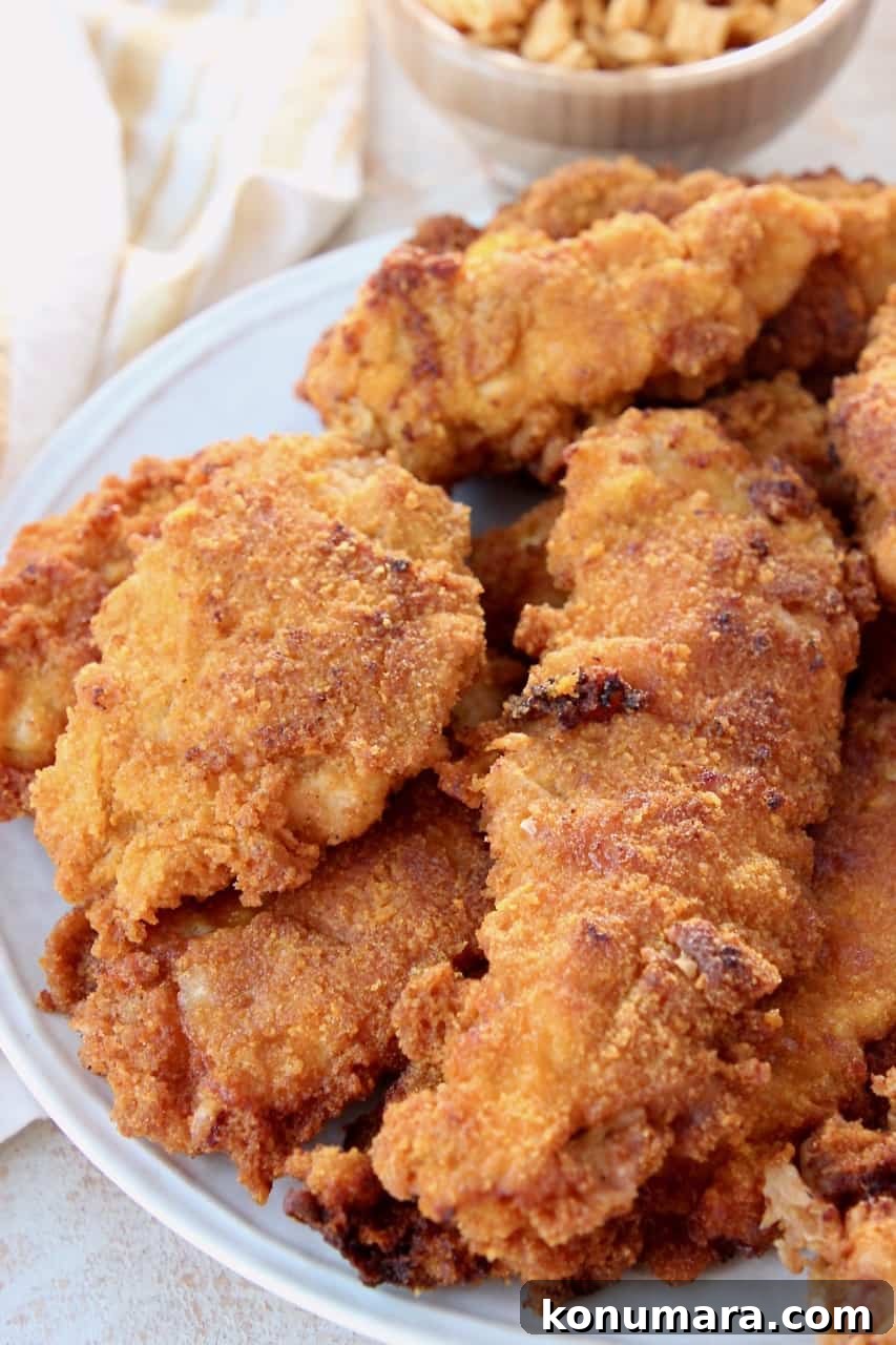 Dad's Famous Captain Crunch Chicken Tenders Recipe 4 Stacked fried chicken strips on plate