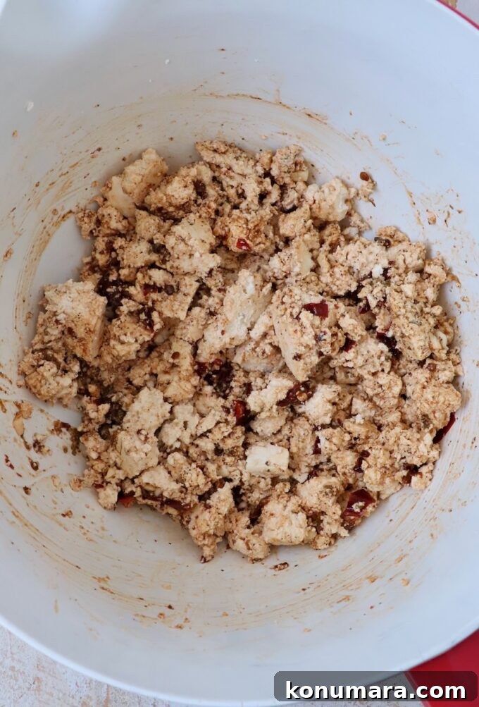 seasoned crumbled tofu in a large bowl