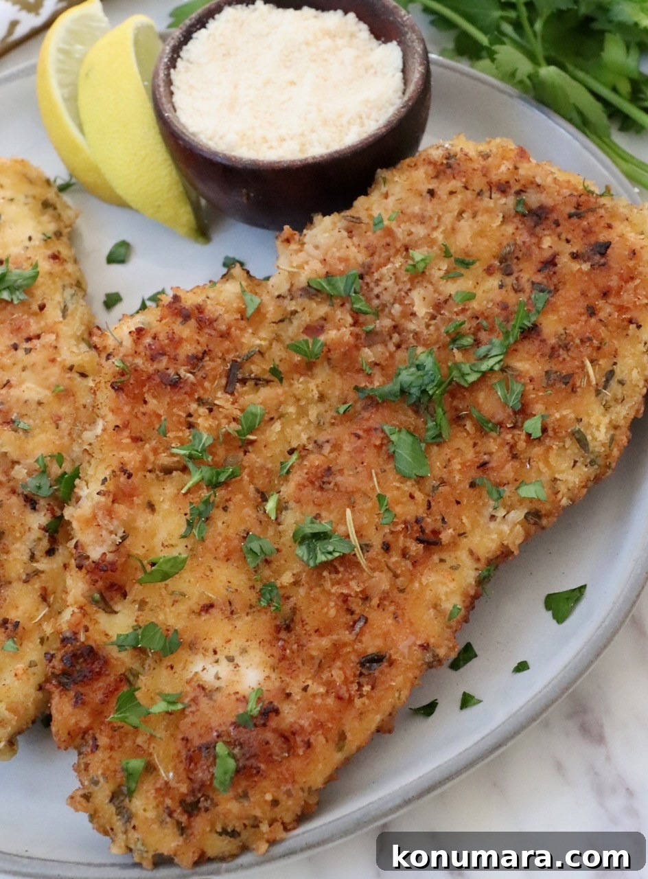 Crispy Parmesan-Crusted Chicken Recipe 2 parmesan crusted chicken on a plate with lemon wedges