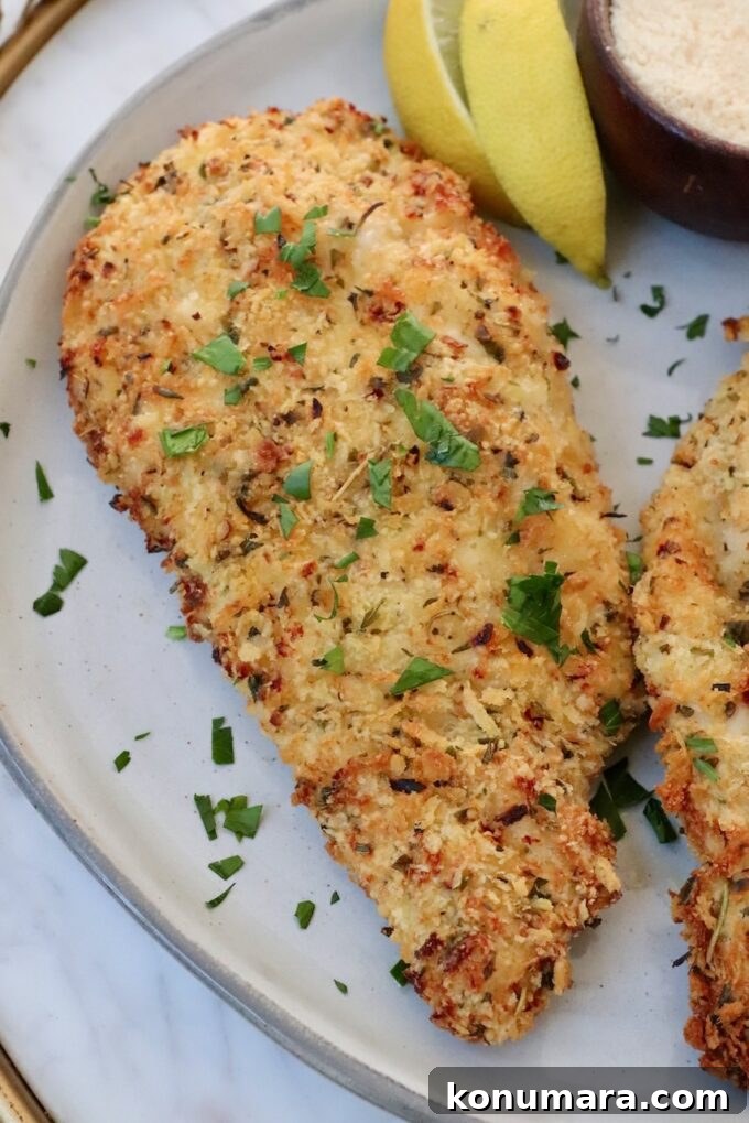Crispy Parmesan-Crusted Chicken Recipe 15 air fried parmesan crusted chicken breast on a plate with lemon wedges