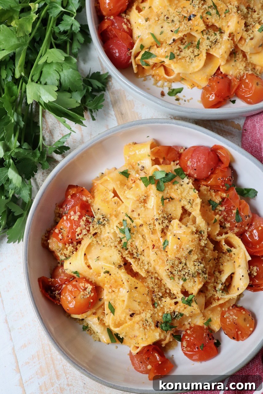 Spicy Nduja Pasta Recipe with Cherry Tomatoes 9 nduja pasta in bowl with roasted cherry tomatoes and toasted breadcrumbs