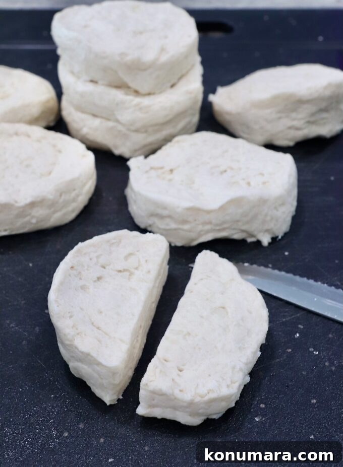 refrigerated biscuit dough cut in half on a cutting board