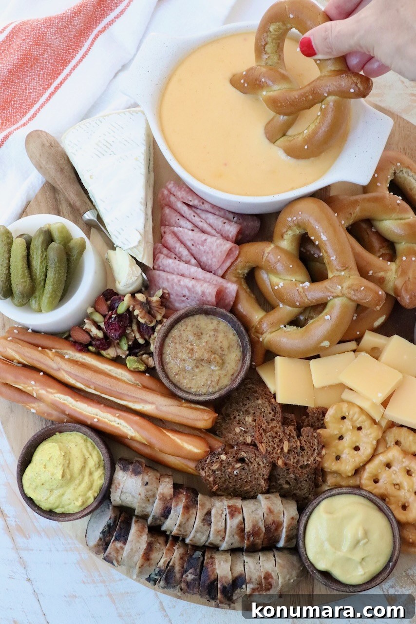 Oktoberfest Charcuterie Board: German Meats and Beer Pairings 2 Oktoberfest charcuterie board with soft pretzel dipped in beer cheese dip
