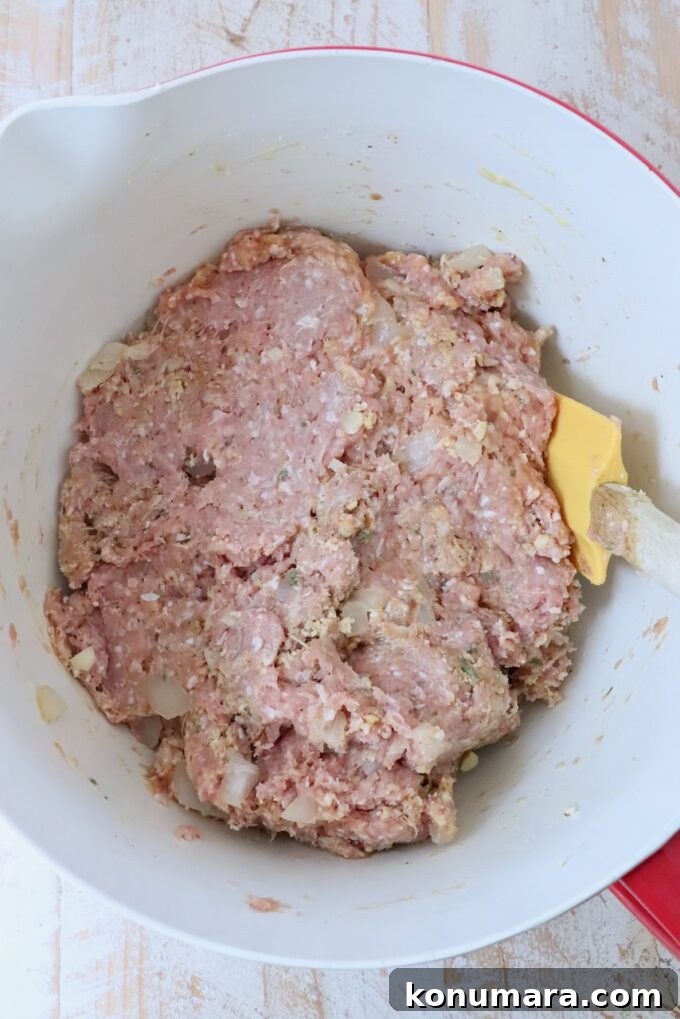 ingredients for turkey meatballs combined in a large mixing bowl