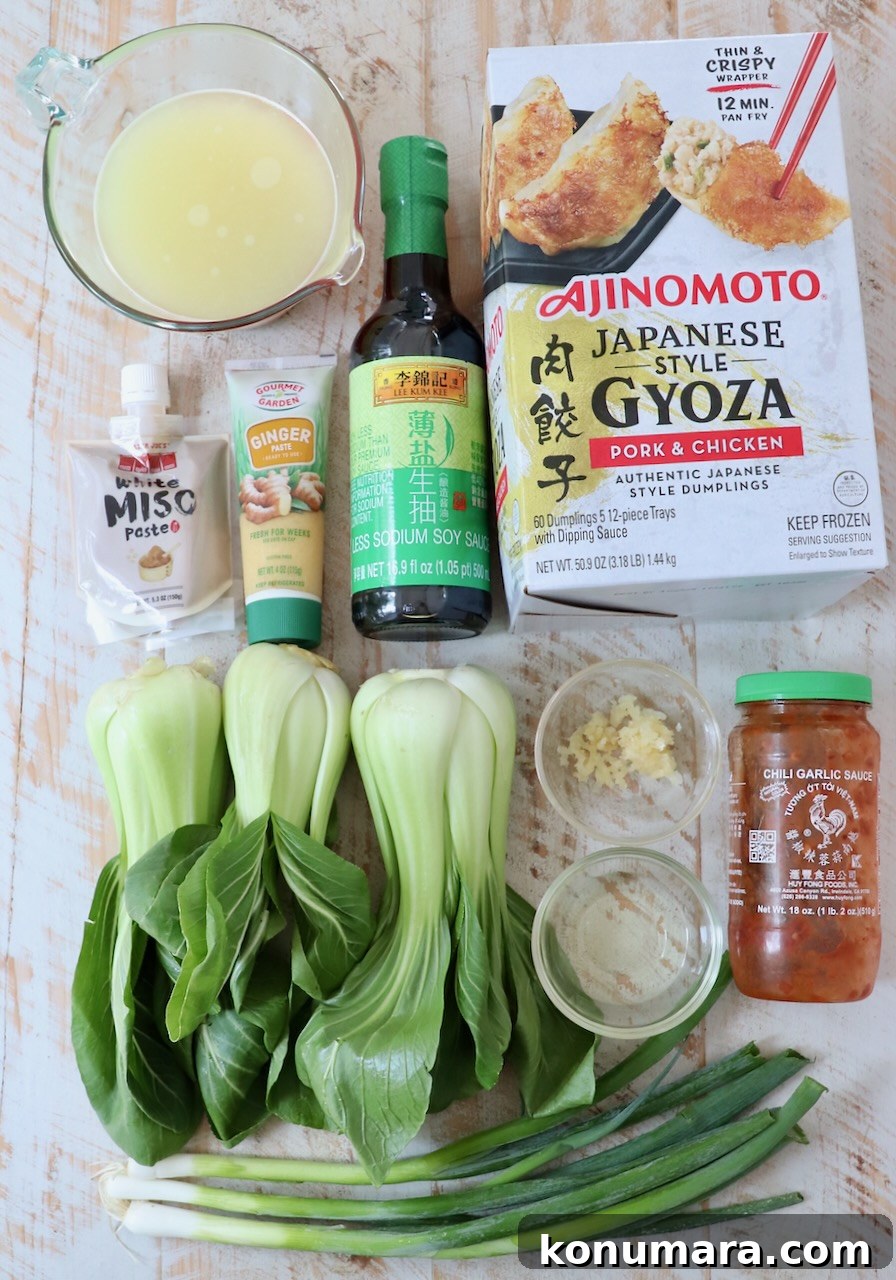 Japanese Gyoza Soup Recipe with Pork Dumplings 3 ingredients for gyoza soup on white wood board